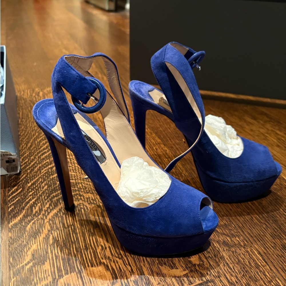 Prada peep toe, royal blue slingbacks